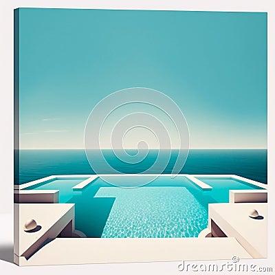 Relaxing summer, Sunbathing deck and private swimming pool with near beach and panoramic sea Generative AI Cartoon Illustration