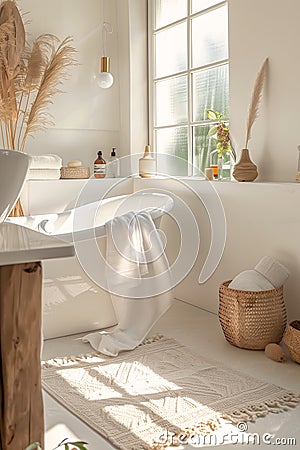 Relaxing in the Sun: A Bright and Airy Bathroom Oasis with a Mil Stock Photo