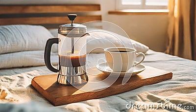 a relaxing sunday coffee break bed sheets breakfast domestic casual relaxation relax happiness flavorful caffeine beverage french Stock Photo