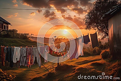 relaxing sunset with clotheslines and drying laundry Stock Photo