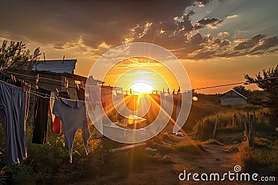 relaxing sunset with clotheslines and drying laundry Stock Photo