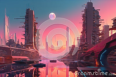 relaxing sunset view of futuristic pink city, with towering buildings and flying cars visible Stock Photo