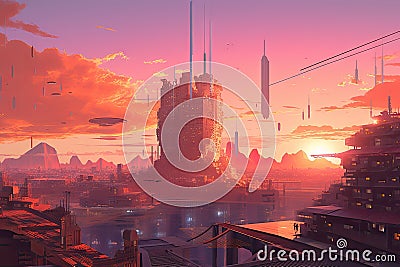 relaxing sunset view of futuristic pink city, with towering buildings and flying cars visible Stock Photo