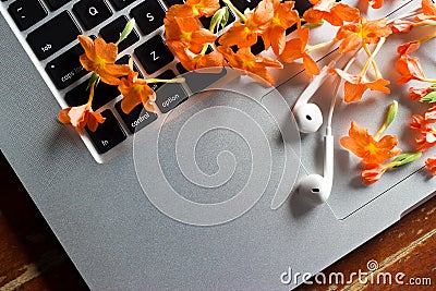 Relaxing time concept, fresh flowers and earphone on laptop in summer Stock Photo