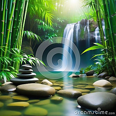 Relaxing wellness background with stones and bamboo waterfall background Cartoon Illustration