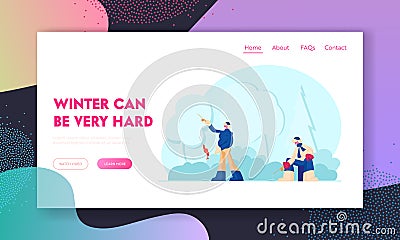 Relaxing Wintertime Hobby Website Landing Page. Fishermen with Rods Fishing on Coast Having Good Catch Vector Illustration