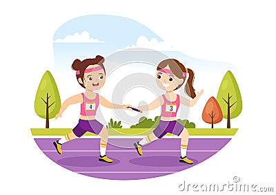 Relay Race Illustration Kids by Passing the Baton to Teammates Until Reaching the Finish Line in a Sports Championship Cartoon Vector Illustration