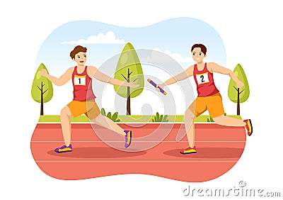 Relay Race Illustration by Passing the Baton to Teammates Until Reaching the Finish Line in a Sports Championship Flat Cartoon Vector Illustration