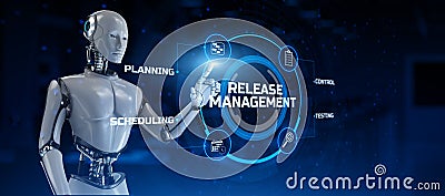 Release management agile development concept. Robot pressing button on virtual screen. 3d render Stock Photo