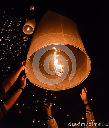 Release of sky lanterns Stock Photo