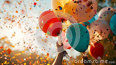 Releasing balloons and confetti to symbolize the joy and positivity brought about by charitable acts on Charity Day. Copy Space Stock Photo
