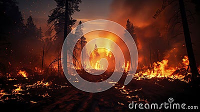 a relentless forest fire paints a gripping portrait of fire element's ferocity, an overwhelming force of nature Stock Photo