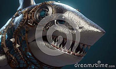 The relentless predator, the anthropomorphic shark becomes even more formidable in its protective military armor. Creating using Stock Photo