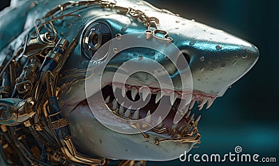 The relentless predator, the anthropomorphic shark becomes even more formidable in its protective military armor. Creating using Stock Photo