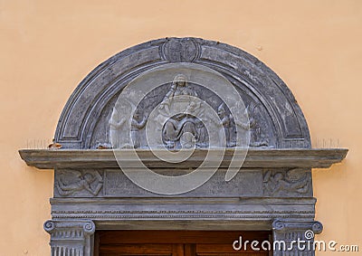 Relief above the entrance to the Oratory Santa Maria Assunto in Portofino, Italy Stock Photo