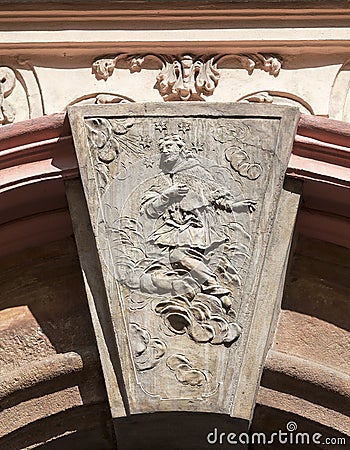 Relief on facade of old building, Religious themes , Prague, Czech Republic Stock Photo