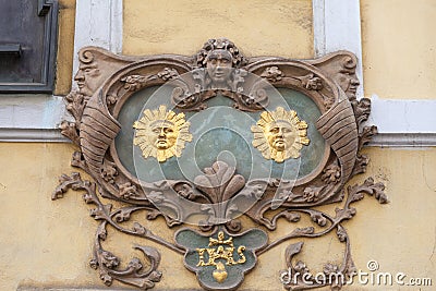 Relief on facade of old building,two suns, Nerudova street, Prague, Czech Republic Stock Photo