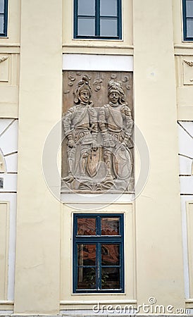 Relief, the fresco of medieval soldiers on an old house in KutnÃ¡ Hora, Czech Republic Stock Photo