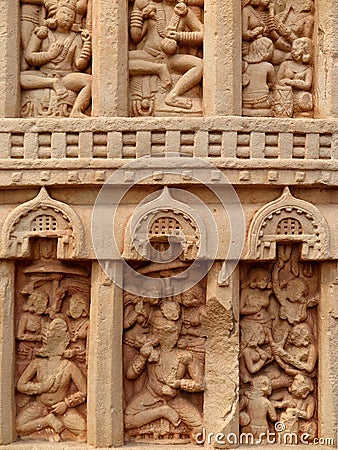 Relief of front right pillar, detailing the heavens of Buddhist cosmology, Eastern Gateway, Great Stupa, Sanchi, India Editorial Stock Photo