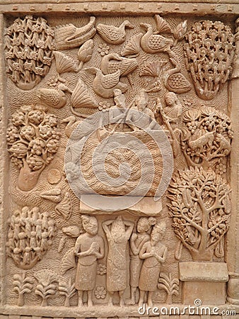 Relief left pillar, depicting the Miracle of the Buddha walking on the River Nairanjana, East Gateway, Great Stupa, Sanchi, India Editorial Stock Photo