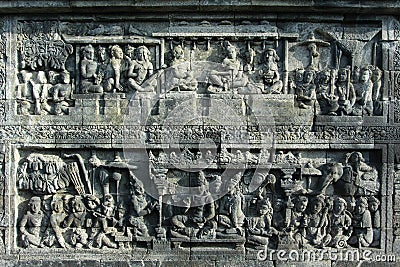 Relief sculptures in Borobudur temple Stock Photo