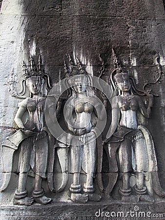 Relief three lady at Angkor Wat Temple, Cambodia Editorial Stock Photo