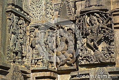 Reliefs on outer wall of Chennakesava Temple, Keshava Temple, Stock Photo