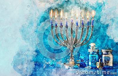 religiob watercolor style and abstract image of jewish holiday Hanukkah with menorah & x28;traditional candelabra Stock Photo