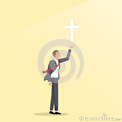 Religion, christianity, business, support, success concept. Jesus Christ son of God leading young happy businessman to shining Vector Illustration