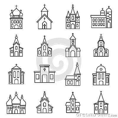 Religion church icons set, outline style Vector Illustration