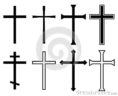 Religion cross symbol. Christian black icons collection. Crosses silhouette element. Set of different cross for church logo. Vector Illustration