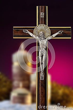 Religion - Crucifix - Church Candles Stock Photo