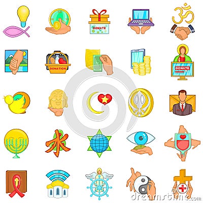 Religion donation icons set, cartoon style Vector Illustration