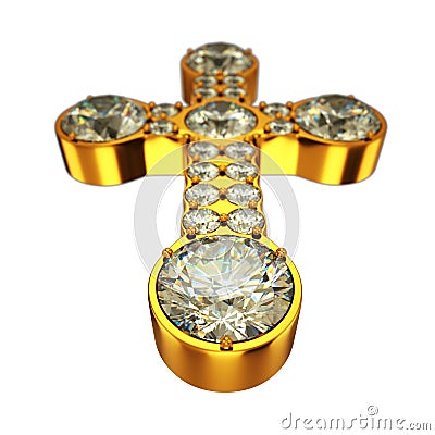 Religion: golden cross with diamonds isolated Stock Photo
