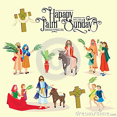 Religion holiday palm sunday before easter, celebration of the entrance of Jesus into Jerusalem, happy people with Vector Illustration