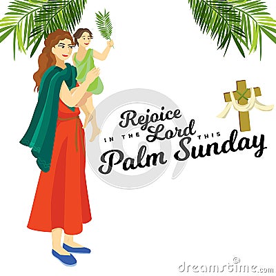 Religion holiday palm sunday before easter, celebration of the entrance of Jesus into Jerusalem, happy people with Vector Illustration