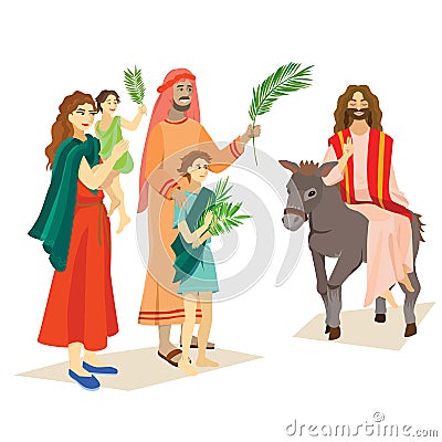 Religion holiday palm sunday before easter, celebration of the entrance of Jesus into Jerusalem, happy people with Vector Illustration