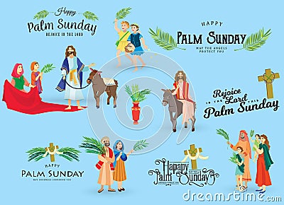 Religion holiday palm sunday before easter, celebration of the entrance of Jesus into Jerusalem, happy people with Vector Illustration