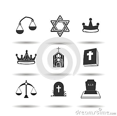 religion icon set with holy bible, church, grave Vector Illustration