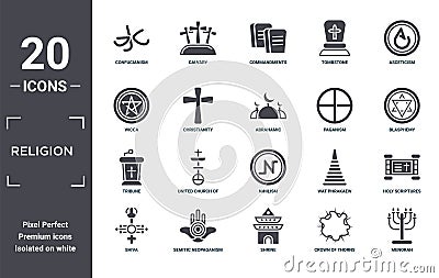 religion icon set. include creative elements as confucianism, asceticism, paganism, nihilism, semitic neopaganism, tribune filled Vector Illustration