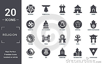 religion icon set. include creative elements as satanism, shrine, spiritual, synagogue, zen, yin yang filled icons can be used for Vector Illustration