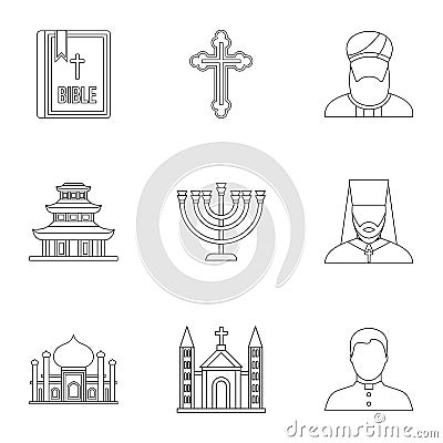 Religion icons set, outline style Vector Illustration