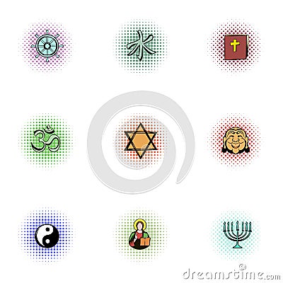 Religion icons set, pop-art style Cartoon Illustration