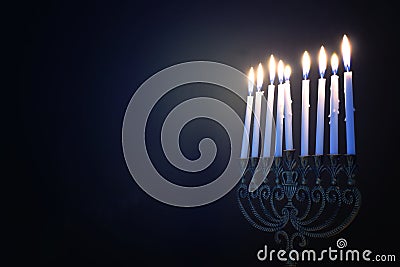 Religion image of jewish holiday Hanukkah background with menorah & x28;traditional candelabra& x29; and candles Stock Photo