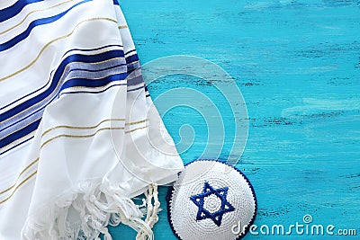 Religion image of Prayer Shawl - Tallit jewish religious symbol. Rosh hashanah jewish New Year holiday, Shabbat and Yom kippur Stock Photo