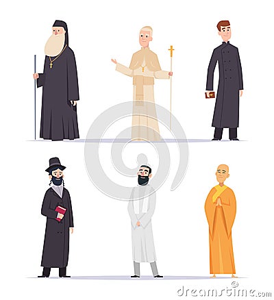 Religion leader. Hindus christianity characters arabic persons monk priest guru exact vector flat people in cartoon Vector Illustration