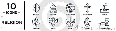 religion linear icon set. includes thin line animism, monotheism, prayer, angel, hamsa, communion, ganesha icons for report, Vector Illustration