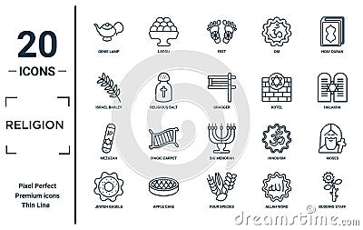 religion linear icon set. includes thin line genie lamp, israel barley, mezuzah, jewish bagels, budding staff, gragger, moses Vector Illustration