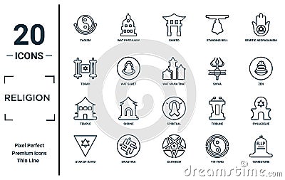 religion linear icon set. includes thin line taoism, torah, temple, star of david, tombstone, wat maha that, synagogue icons for Vector Illustration