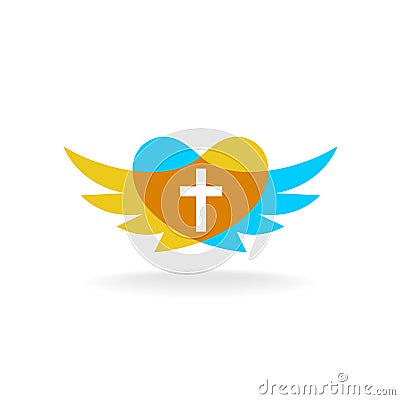 Religion logo with wings, heart silhouette and cross Vector Illustration